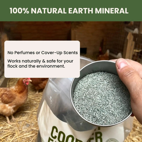 Hand holding cup of 100% natural earth mineral beside all natural chicken coop odor eliminator and moisture absorber bag