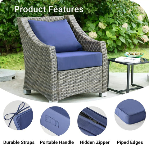 Outdoor Cushions For Patio Furniture Navy Blue Set Waterproof And Fade Resistant 24 By 24 By 5.75 Inch Seat Cushion And 25 By 22 Inch Back Cushion With Removable Cover on wicker chair