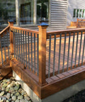 Heavy Duty 61 Pack 36 Inch Flat Straight Deck Balusters With Screws Ready To Go Metal Railing Spindles Slick Powder Coat installed on wooden deck