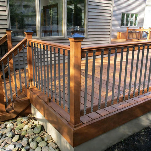 Heavy Duty 61 Pack 36 Inch Flat Straight Deck Balusters With Screws Ready To Go Metal Railing Spindles Slick Powder Coat installed on wooden deck