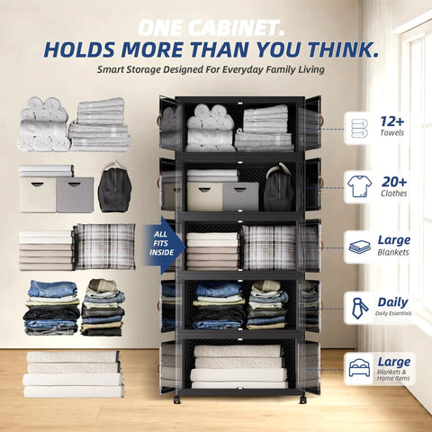 No Sweat Roll Away Stackable Storage Bins With Smooth Casters And Parking Brakes Large Folding Closet Organizers For Messy Rooms And Junk Drop Boxes Black Five Pack Ready with towels, clothes, and blankets organized.