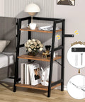 Rock Solid 3 Tier Ladder Bookshelf With Heavy Duty Steel Frame Rustic Brown Metal Display Stand Up Shelves, styled in a bedroom with lamp.