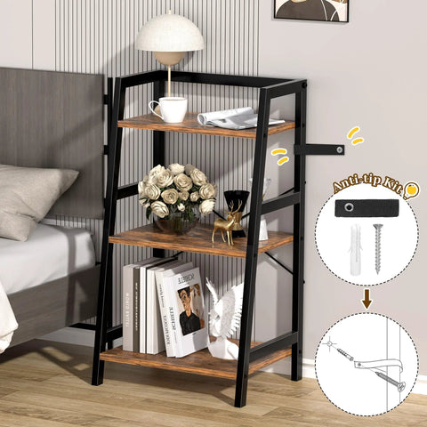 Rock Solid 3 Tier Ladder Bookshelf With Heavy Duty Steel Frame Rustic Brown Metal Display Stand Up Shelves, styled in a bedroom with lamp.