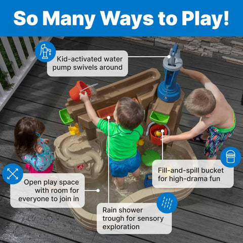 Children playing with Pump And Splash Discovery Water Table For Toddlers 2 Plus With Seats, interactive water features, sensory fun