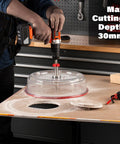 Adjustable Hole Saw Cutter Kit 1.6 Inch to 11.8 Inch range used in workshop with PC dust shield and drill on wood surface