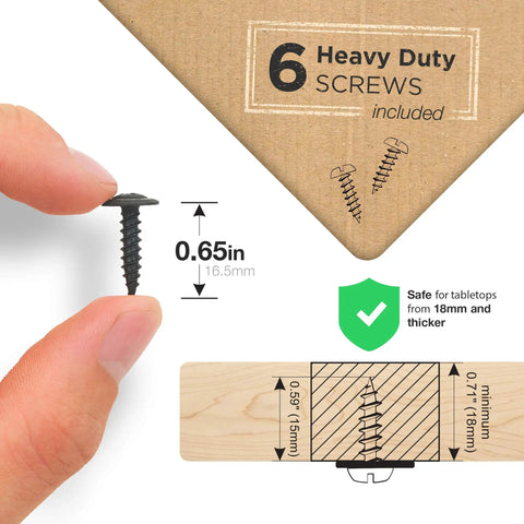 Close-up of a hand holding a screw with 0.65in length for Under Desk Cable Management Tray Set Of Two In Black Heavy Duty Steel Cable Organizer