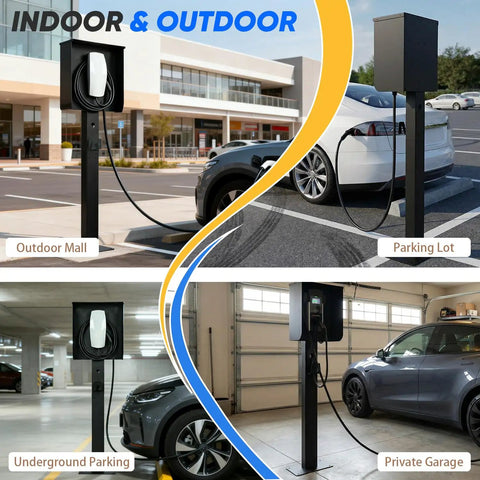 All Weather EV Charger Pedestal With Roof And Side Protection at outdoor mall, parking lot, underground, and private garage.
