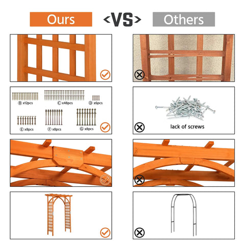 Comparison of 85 Inch Wooden Garden Arch Trellis versus others, showing detailed assembly and materials