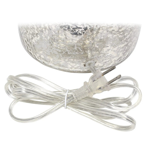 Close-up of Textured Glass Table Lamp With Clear Blue Dome Base And White Fabric Drum Shade, power cord attached