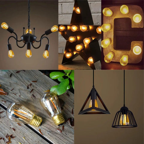 S14 Outdoor String Light Bulbs Replacement 15 Pack, Retro Warm Amber Glow 2200K LED Edison Bulbs in various fixtures.