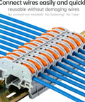 Universal DIN Terminal Block Kit With Lever Wire Connectors KV-121 50 Pcs Pack on DIN rail with blue wires connected
