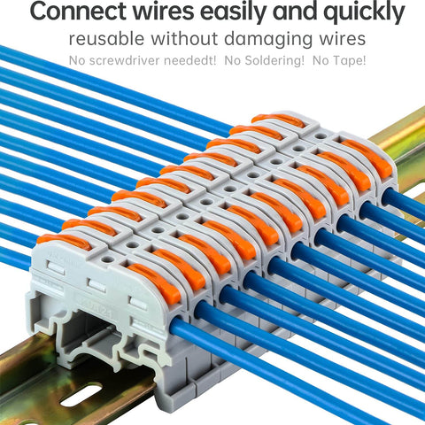 Universal DIN Terminal Block Kit With Lever Wire Connectors KV-121 50 Pcs Pack on DIN rail with blue wires connected