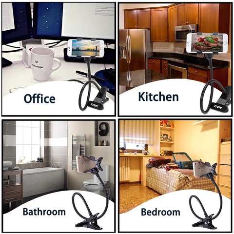 Badass Flex Gooseneck Cell Phone Holder For Desk And Bedside Ultra Tough Long Arm Clip Mount Compatible With All Iphones And Android Phones In Black used in office, kitchen, bathroom, and bedroom setups.