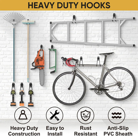 Heavy Duty Garage Hooks Kit, 12 Pack Steel Wall Mount Hangers holding ladder, bike, tools on white wall, rust resistant coated, non slip PVC sheath