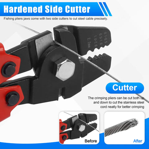 Ultimate Pro Grade Fishing Crimping Tool Kit With High Carbon Steel Pliers cutting wire with side cutter and visible crimp sizes