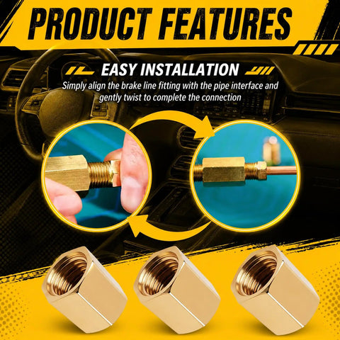 Rust-Resistant 3/16 Brake Line Fittings With 3/8-24 Precision Thread, Universal Double Flared Brake Line Adapter Kit For Automotive And Truck Repair, Inverted Flare Compatible, Secure Tight Connections. Brass brake line fittings shown with easy installation