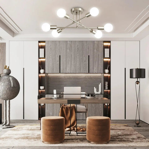 Dope Modern Sputnik Chandelier Ceiling Light Fixture With Six Lights in a stylish living area with wood accents