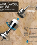 High Output Shower Filter Cartridge For Sensitive Skin And Dry Scalp, twist installation image, chrome three-piece system.