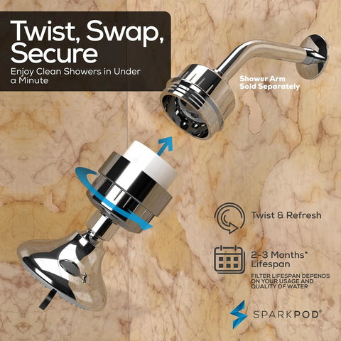 High Output Shower Filter Cartridge For Sensitive Skin And Dry Scalp, twist installation image, chrome three-piece system.