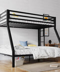 Rock Solid Twin Over Full Bunk Bed With Heavy Duty Steel Frame, Adjustable Ladder, Secure Guardrails, Space Maximizing Bedroom Furniture in black finish.