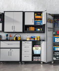 Beefy Metal Garage Storage Cabinet On Wheels With Lockable Drawer And Shelves, Rugged Steel Tool Cabinet For Your Garage, Shop, And Warehouse, Durable Rolling Organizer For Tools in a workshop setting