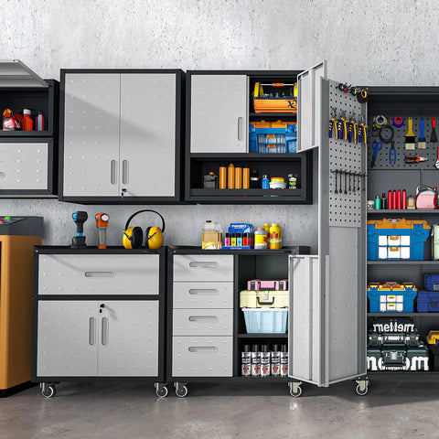 Beefy Metal Garage Storage Cabinet On Wheels With Lockable Drawer And Shelves, Rugged Steel Tool Cabinet For Your Garage, Shop, And Warehouse, Durable Rolling Organizer For Tools in a workshop setting