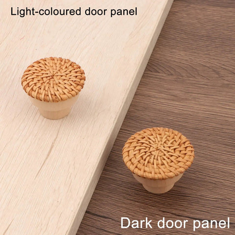 Six Piece Boho Rattan Wood Dresser Knob Set For Cabinets And Drawers Natural Finish Durable 1.57 Inch Diameter And 1.18 Inch Height Fits 16 To 19mm Door Panels Adds Warm Modern Country Chic Look No Sweat Install on light and dark panels