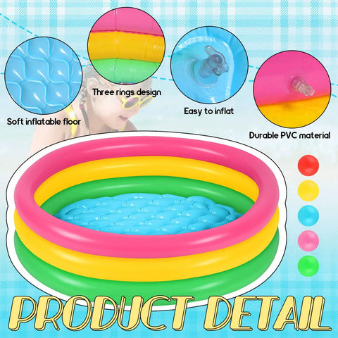 Inflatable Kiddie Pool With 50 Ball Set For Backyard Summer Water Play, 45 inch pool with pink, yellow, green design and soft floor