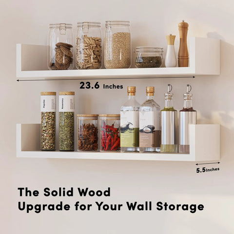 Fresh White Floating Wall Shelves Set Of Four U Shaped Wall Mounted Bookshelf with jars and bottles for kitchen storage.