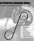 Multipurpose hooks holding car brake caliper in position, demonstrating use for Universal Wheel Hub Removal Tool Kit For 5, 6 And 8 Lug Hubs.