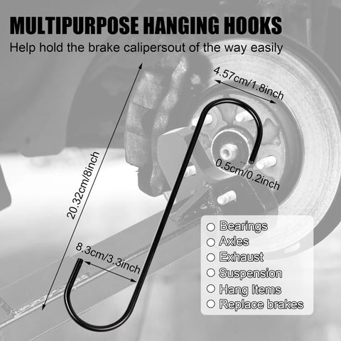 Multipurpose hooks holding car brake caliper in position, demonstrating use for Universal Wheel Hub Removal Tool Kit For 5, 6 And 8 Lug Hubs.