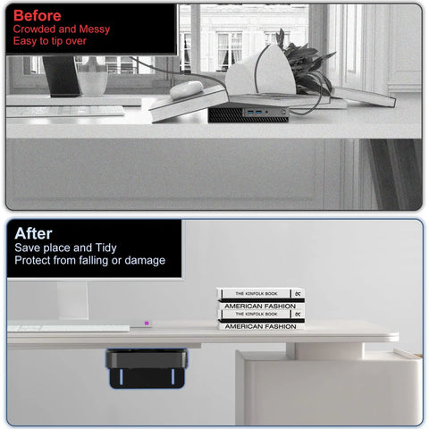 Adjustable Mini PC Mount Bracket demonstrates a tidy workspace setup for NUC and Mac Mini under a desk, securely holds 12 lbs.