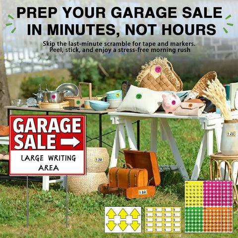 Triple Pack 17x13 Inch Garage Sale Signs With High Visibility Arrows Double Sided Weatherproof 4mm Corrugated Plastic Includes Stakes And 420 Pricing Stickers Built To Draw More Traffic To Your Yard Sale on display