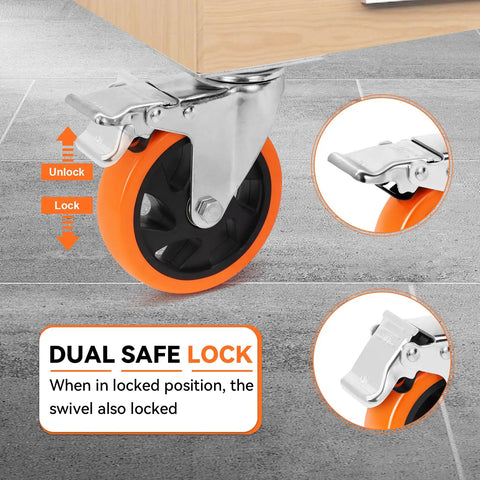 Built Tough 5 Inch Swivel Caster Wheels With Dual Brakes Set Of 4 showing dual safe lock feature and polyurethane tread.
