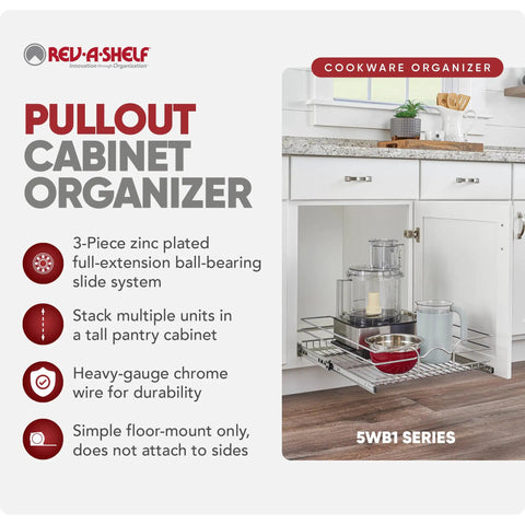 Heavy Duty Chrome Wire Pullout Cabinet Organizer Slick Glide Basket For Pots Pans And Lids Hella Organized Kitchen Storage Upgrade in use, showcasing cookware.
