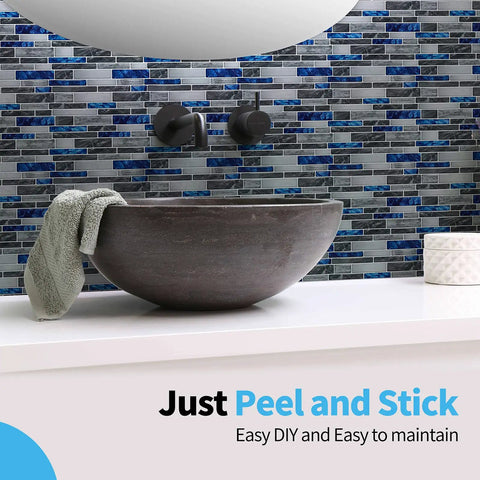 Bathroom with blue marble Peel And Stick Marble Kitchen Backsplash Tiles, 10 Sheets 12x12 Inch, above modern stone basin.