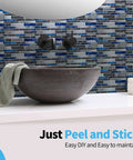 Bathroom sink with DIY Friendly Peel And Stick Kitchen Backsplash Tiles 12x12 Inch Marble Brown 3D Self Adhesive Wall Tiles installed