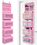 Sweet Pink Over The Door Organizer With Four Roomy Clear Pockets for Hanging Storage in Nursery Bedroom or Closet to Stash Baby Essentials Toys and Cosmetics. Displaying clear storage pockets filled with toys and cosmetics.