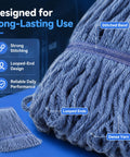 Close-up of blue cotton loop string showing stitched band and dense yarn. 2 Pack Heavy Duty Mop Head Replacement For Commercial Cleaning.