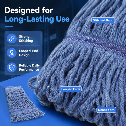 Close-up of blue cotton loop string showing stitched band and dense yarn. 2 Pack Heavy Duty Mop Head Replacement For Commercial Cleaning.