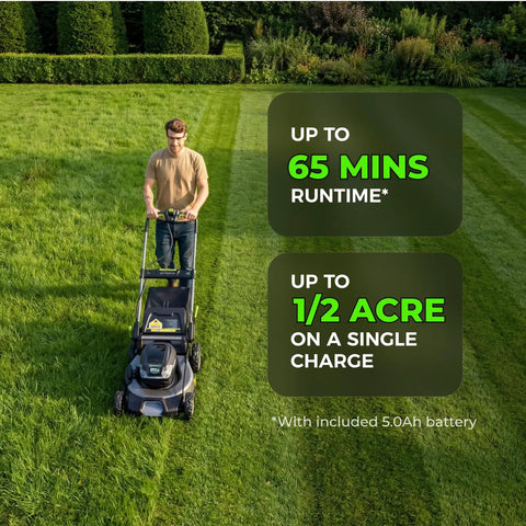 60V Brushless Cordless Self Propelled Lawn Mower With 21 Inch Deck 5Ah Battery LED Headlight Rapid Charger 3 In 1 Versatility For Large Yards Quiet Power Low Maintenance Durable Lawn Care Machine mowing grass up to 1/2 acre