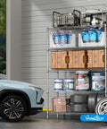 Heavy Duty 5 Shelf Chrome Wire Shelving Unit With 48 Inch Long Shelves, 18 Inch Wide, 72 Inch Tall, Adjustable Height, Easy Assembly, Includes Clips And Hooks, Perfect Garage, Pantry, Or Utility Room Storage System in garage with car and supplies
