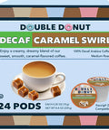 Caramel Swirl Decaf Coffee Pods For Keurig K Cups Medium Roast Flavored Coffee Pods 24 Count Indulgent Smooth Caramel Flavor With Rich Aroma Your Go To Brew For Caffeine Free Mornings And Cozy Breaks box with cup of coffee and caramel pieces