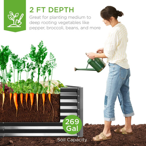6x3x2ft Outdoor Metal Raised Garden Bed With A 24 Inch Deep Root Box For Veggies, Flowers And Herbs, 269 Gallon Soil Capacity, Gray