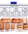 Copper Sealing Washers Assortment Set Pro Grade, 150 Pcs in 8 Metric Sizes M6 to M20, shown in plastic box
