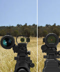 RS-30 Reflex Sight Red Dot And Magnifier Combo with Multiple Reticle System in field view, 1.5X to 5X magnification.