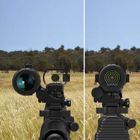 RS-30 Reflex Sight Red Dot And Magnifier Combo with Multiple Reticle System in field view, 1.5X to 5X magnification.