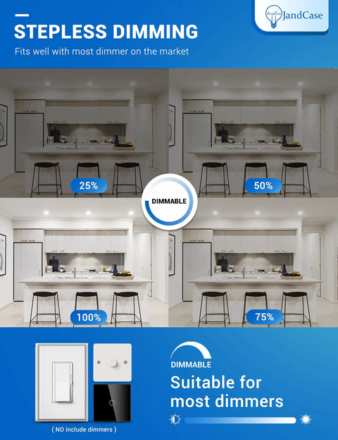 BR30 LED Flood Light Bulbs 11W Low Power dimming feature demonstration in a kitchen with various brightness settings.