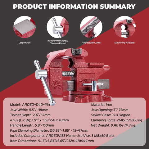 Heavy Duty Bench Vise Featuring A 4.5 Inch Jaw Width And 3 Inch Opening, showing details of jaws, anvil, and chrome plated handle.