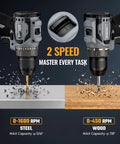 Pro Grade Two Speed Cordless Drill And Impact Driver Combo Kit With Two Long Lasting Lithium Ion Batteries showcasing 2 speed settings on steel and wood.